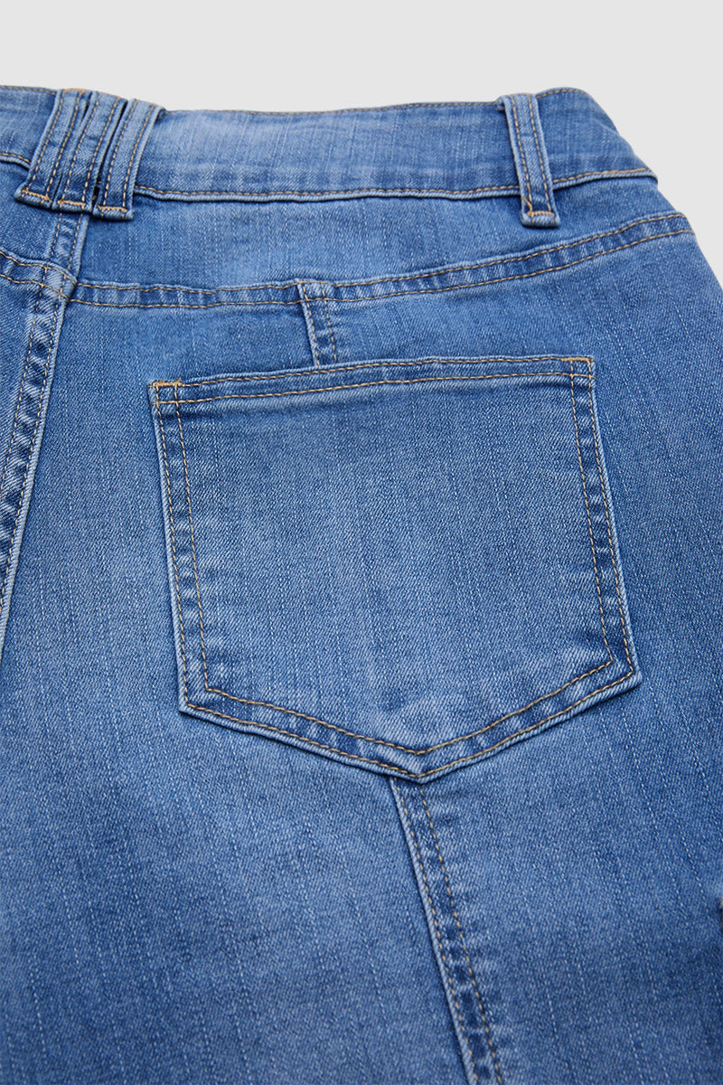 Raw Hem Stitch Detail Mid Waist Denim Cargo Bermuda Shorts