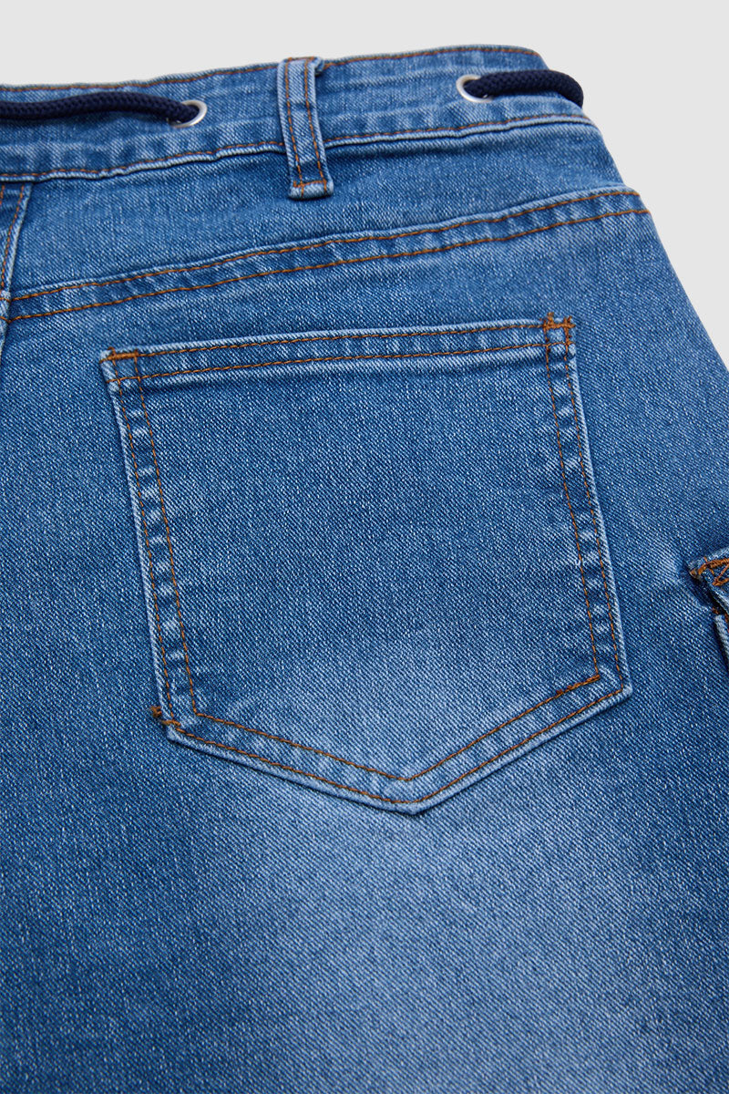 Wash Flap Pocket Drawstring High Rise Mid Thigh Denim Shorts