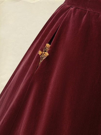 Robe mi-longue en coton, manches longues, col montant, unie, style vintage, rouge bordeaux