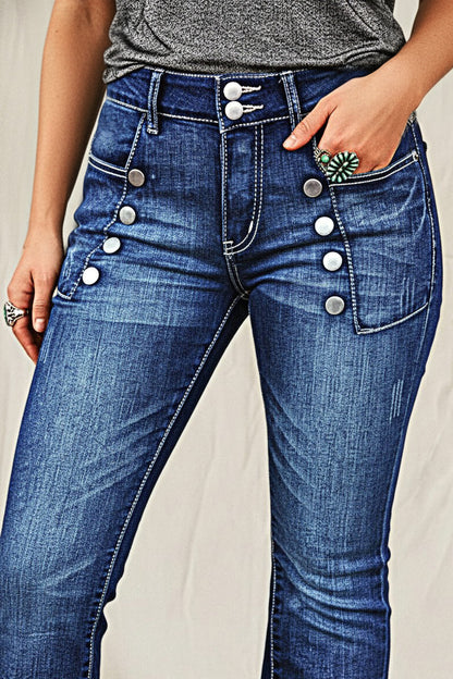 Wash Sailor Button Patch Pocket Mid Rise Bootcut Jeans