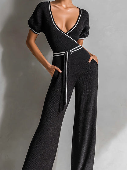 Chic Elegant Black Deep V-Neck Short Sleeve Contrast Trim Cross-Front Slim-Fit Wide-Leg Ribbed Knit Jumpsuit