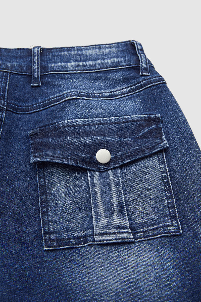 Wash Stitch Detail Flap Pocket High Waist Straight Leg Jeans