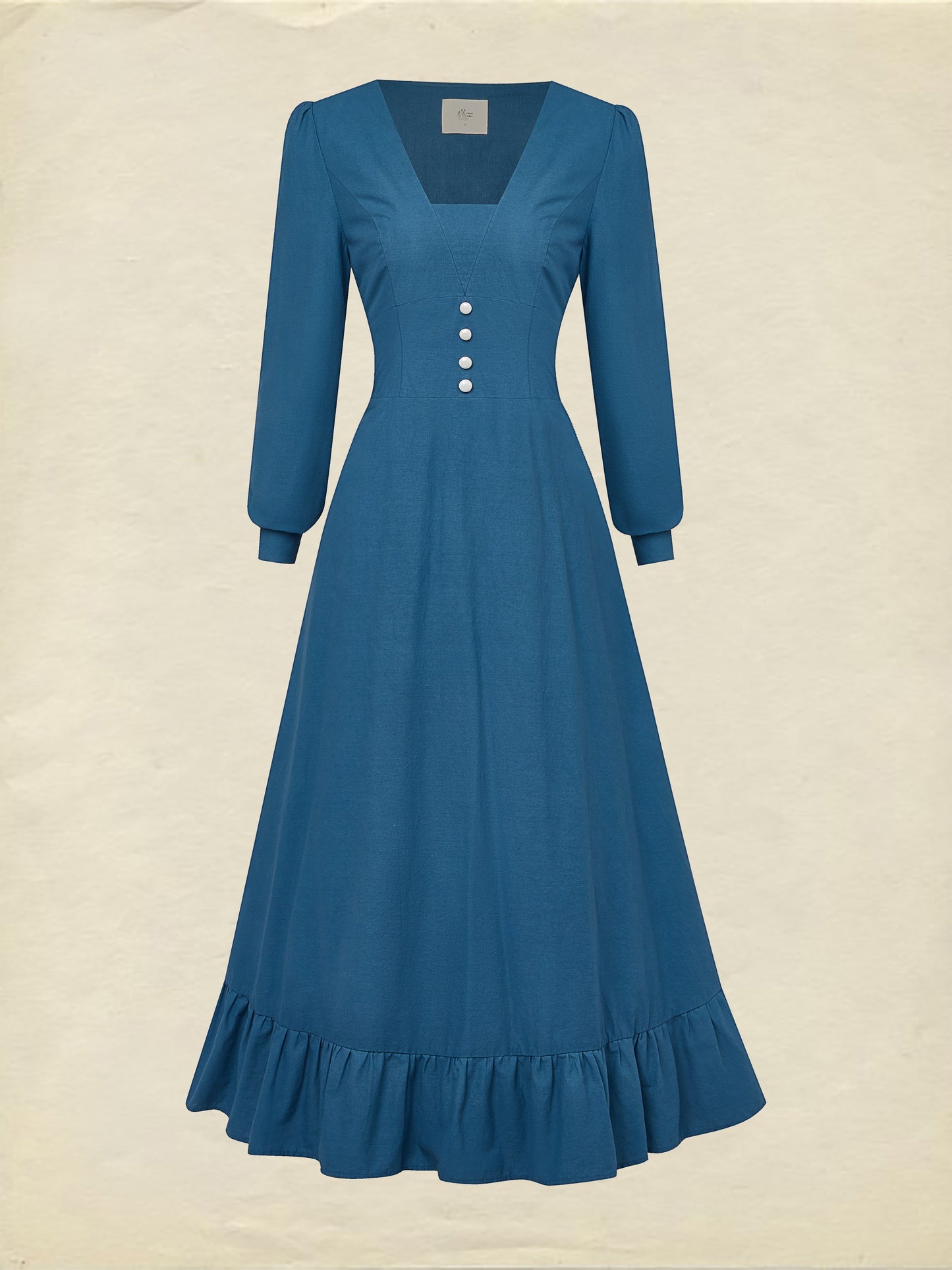 Robe longue en coton, manches longues, col en V, unie, boutonnée, vintage, bleu marine