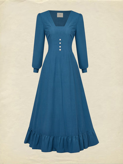 Robe longue en coton, manches longues, col en V, unie, boutonnée, vintage, bleu marine