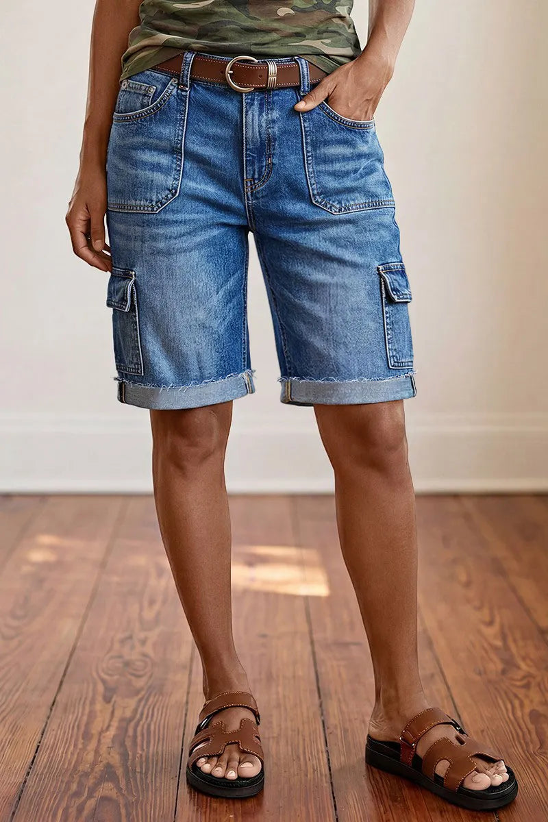 Wash Raw Hem Flap Pocket Mid Waist Denim Bermuda Shorts Without Belt