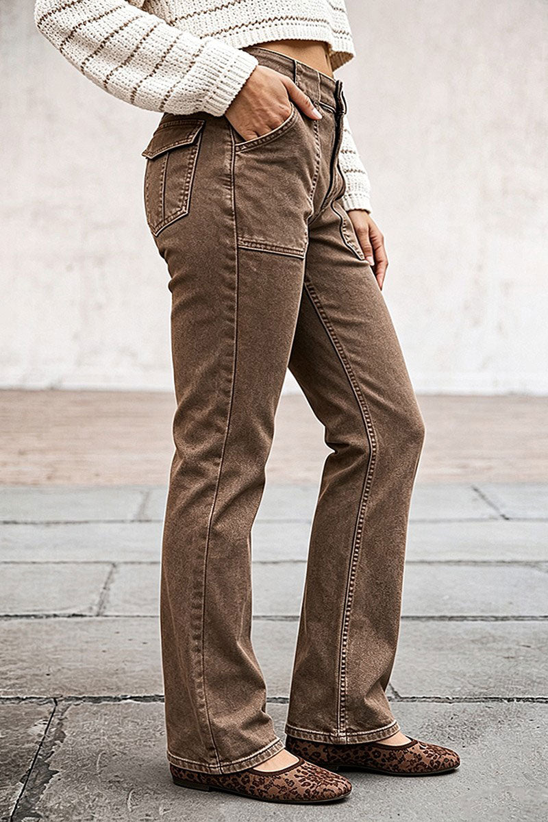 Solid Flap Pocket Mid Waist Straight Leg Pants