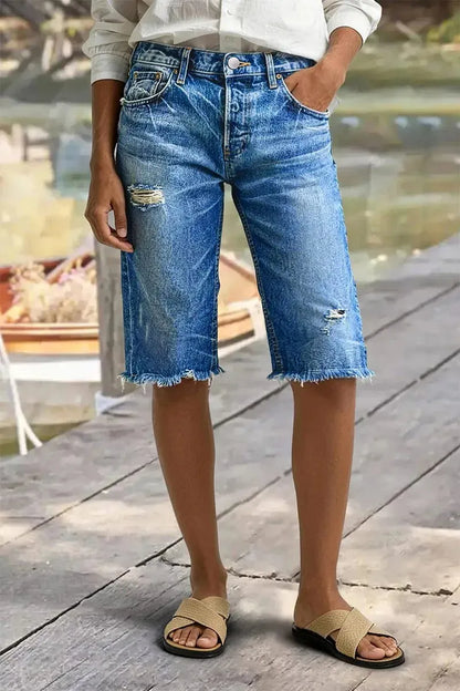 Raw Hem Ripped High Waist Denim Bermuda Shorts