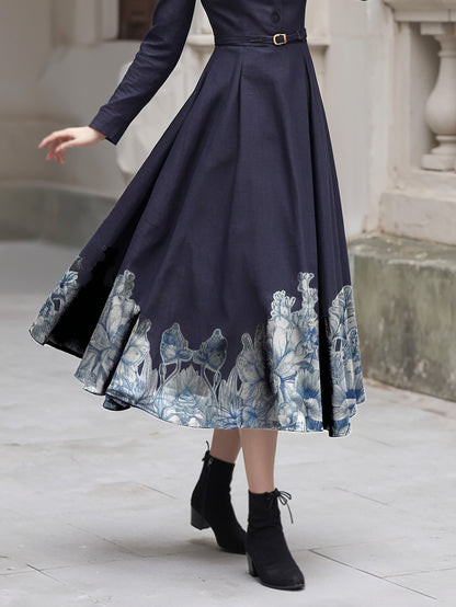 Robe midi en coton, manches longues, col montant, motif floral, boutonnée, style vintage, violet foncé
