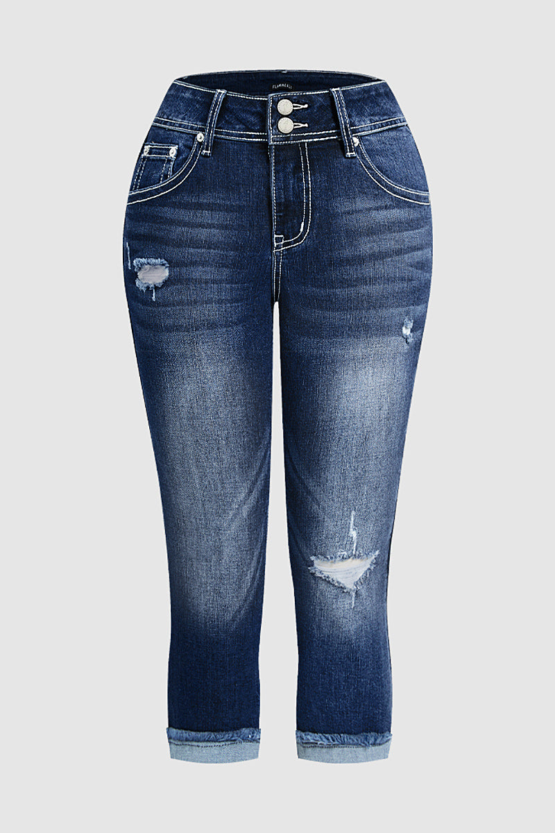 Ripped Roll Hem Dual Button Mid Rise Capri Skinny Jeans