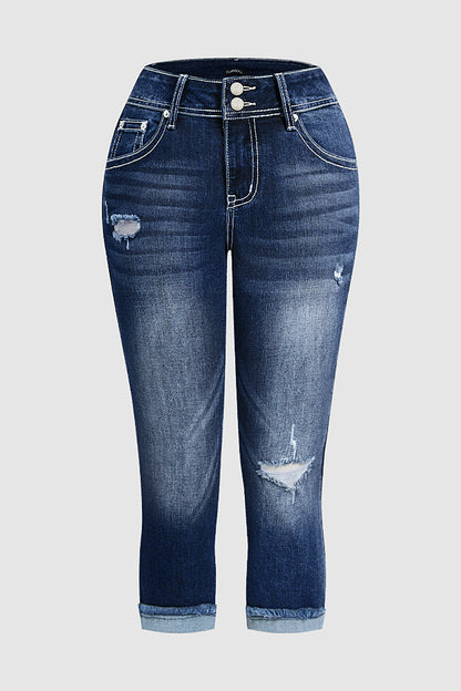 Ripped Roll Hem Dual Button Mid Rise Capri Skinny Jeans