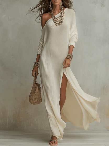 Robe longue texturée bohème asymétrique de couleur ivoire doux