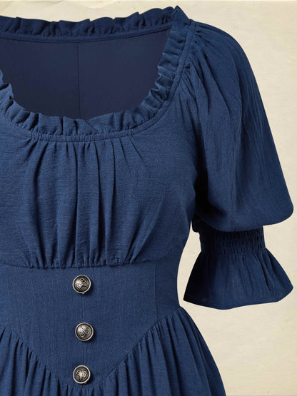 Robe longue en lin, col rond, manches courtes, ceinture, style victorien, robe de princesse, bleue