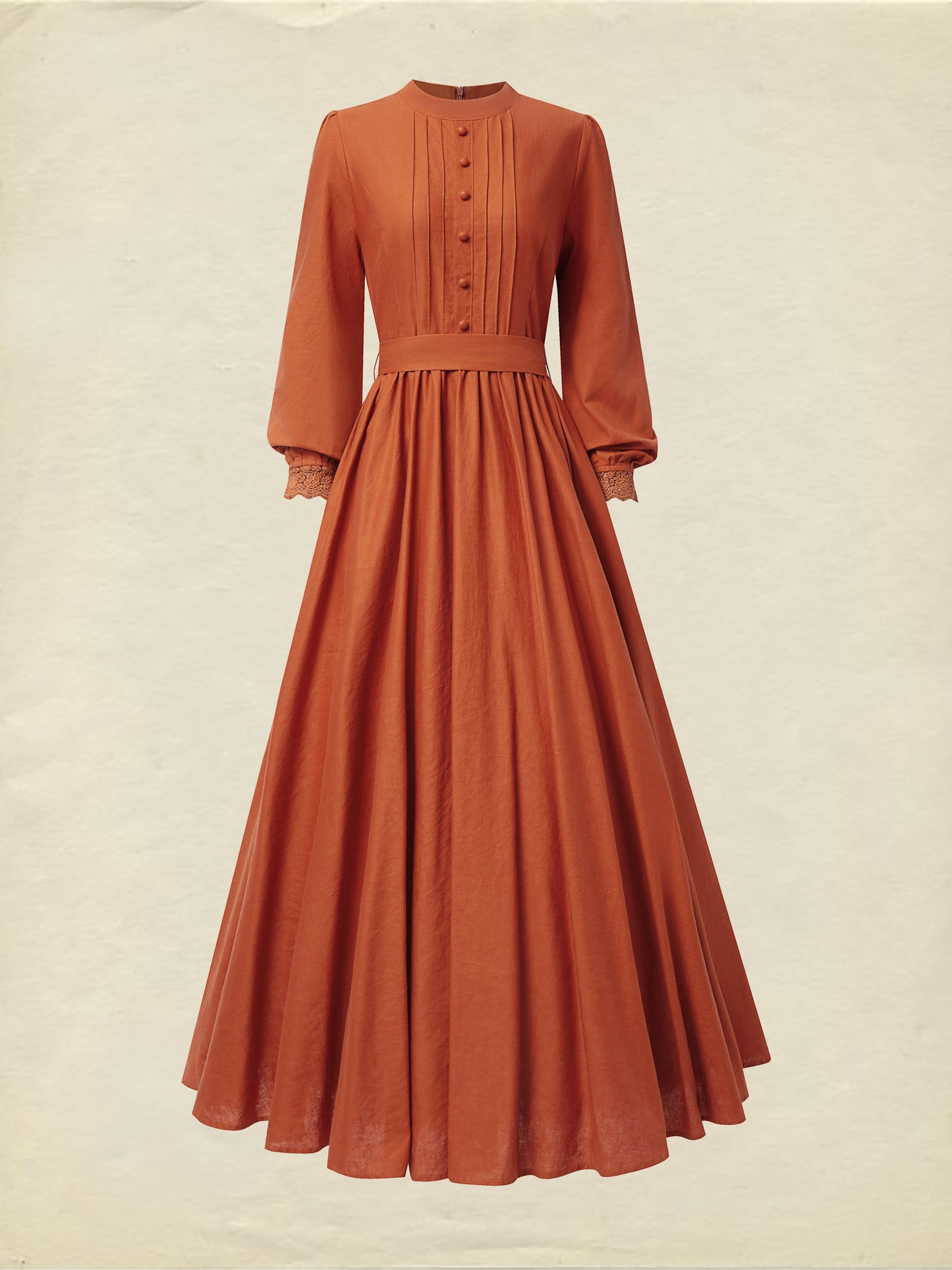Robe longue en lin, manches longues, col montant, robe chemise, mélange de lin, orange