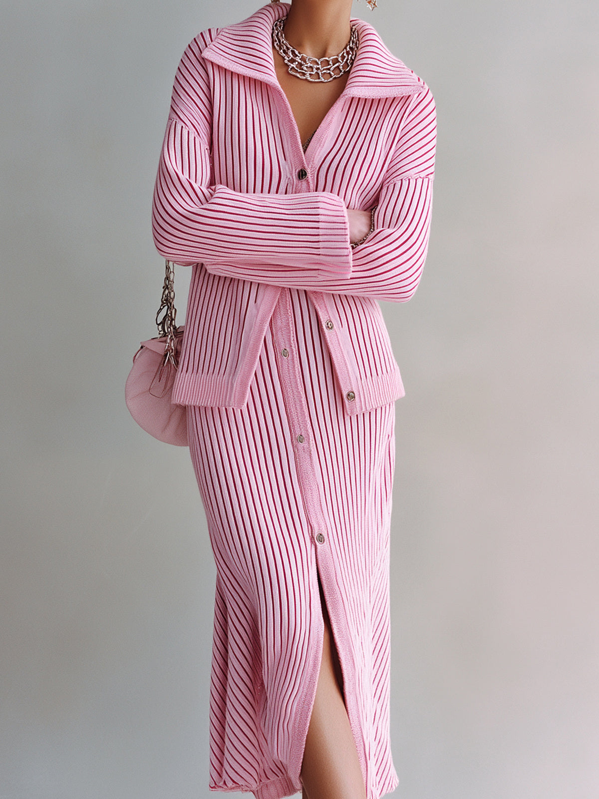 Chic Elegant Pink Lapel Collar Long Sleeve Single-Breasted Loose-Fit Cardigan Bodycon Midi Skirt Ribbed Knit Two-Piece Set