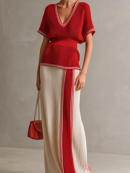 Chic Elegant Red-Beige Colorblock V-Neck Short-Sleeve Tailored-Waist Sweater Loose-Fit Maxi Skirt Ribbed Knit Two-Piece Set