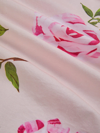 Robe midi en lin, manches longues, col en V, motif floral, ceinture, vacances, vintage, rose clair
