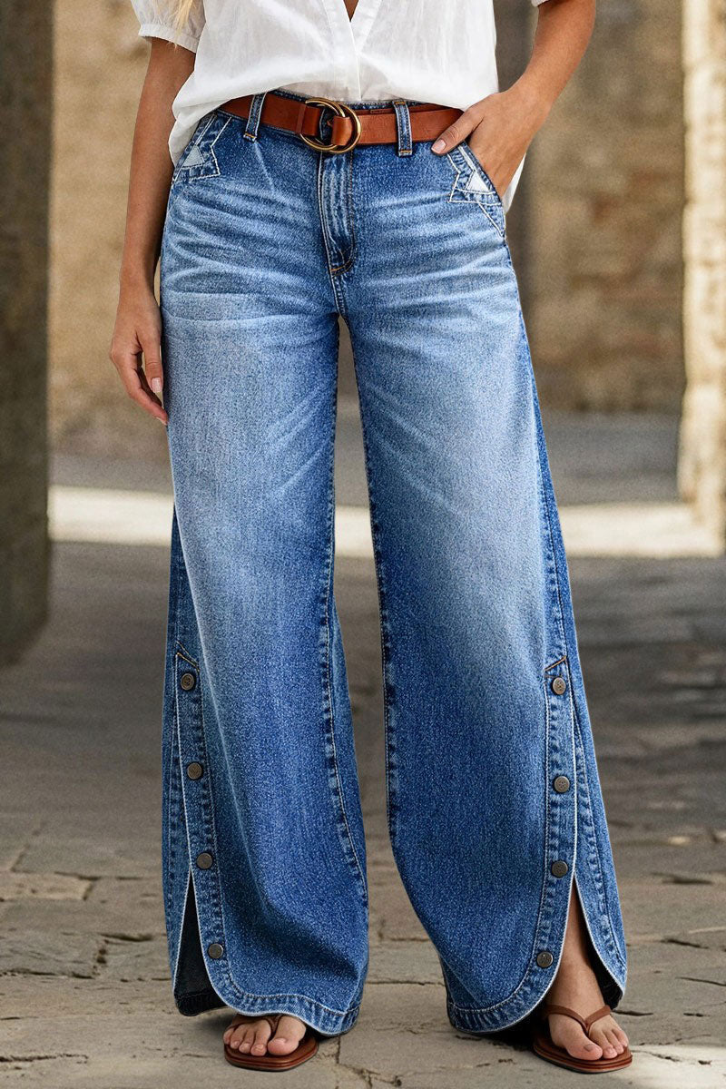 Wash Side Button Detail Split Mid Waist Wide Leg Jeans Without Belt