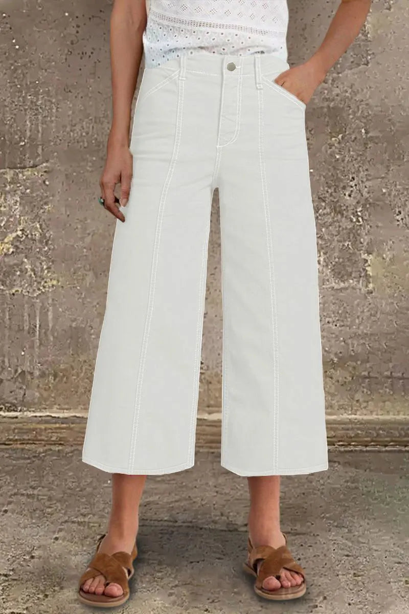Contrast Stitch Mid Rise Wide Leg Crop Pants