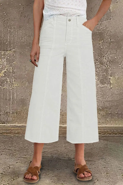 Contrast Stitch Mid Rise Wide Leg Crop Pants