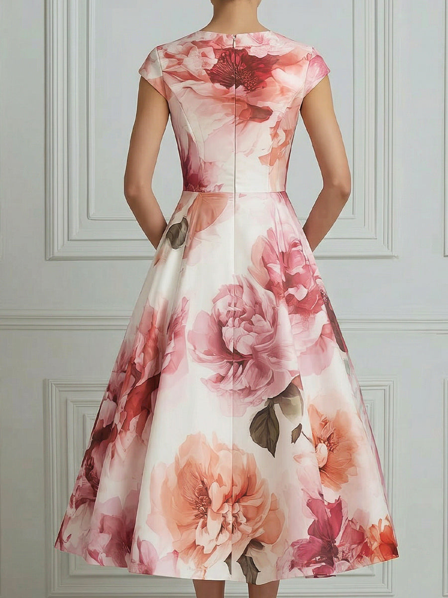 Elegant Watercolor Floral Cap Sleeve Midi Dress