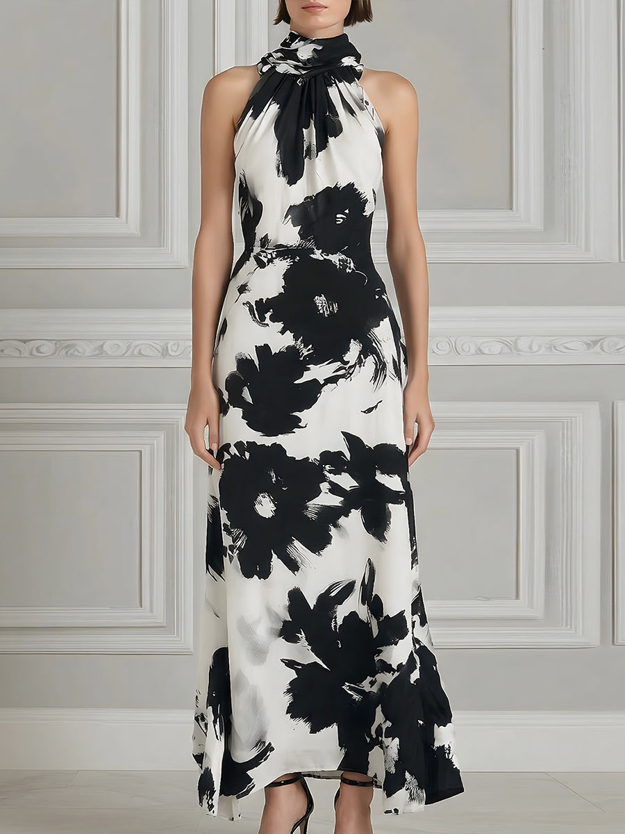 Halter Neck Monochrome Floral Sleeveless Maxi Dress