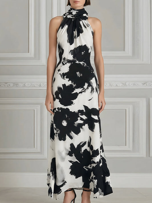 Halter Neck Monochrome Floral Sleeveless Maxi Dress