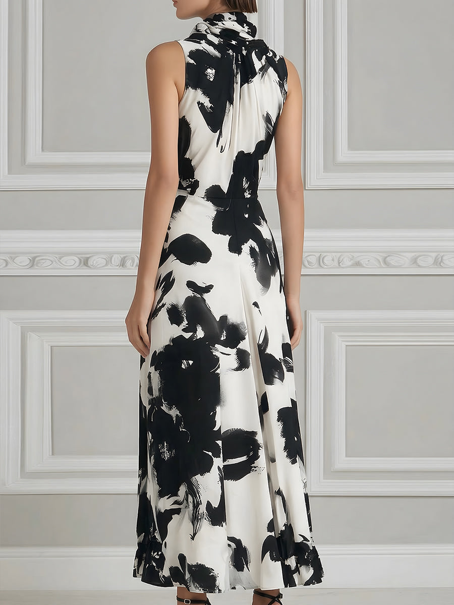 Halter Neck Monochrome Floral Sleeveless Maxi Dress
