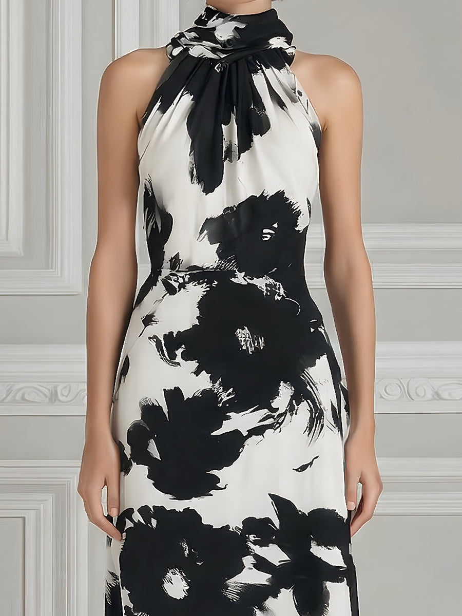 Halter Neck Monochrome Floral Sleeveless Maxi Dress