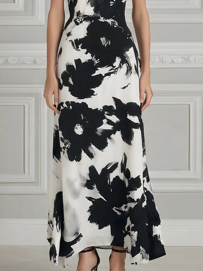 Halter Neck Monochrome Floral Sleeveless Maxi Dress