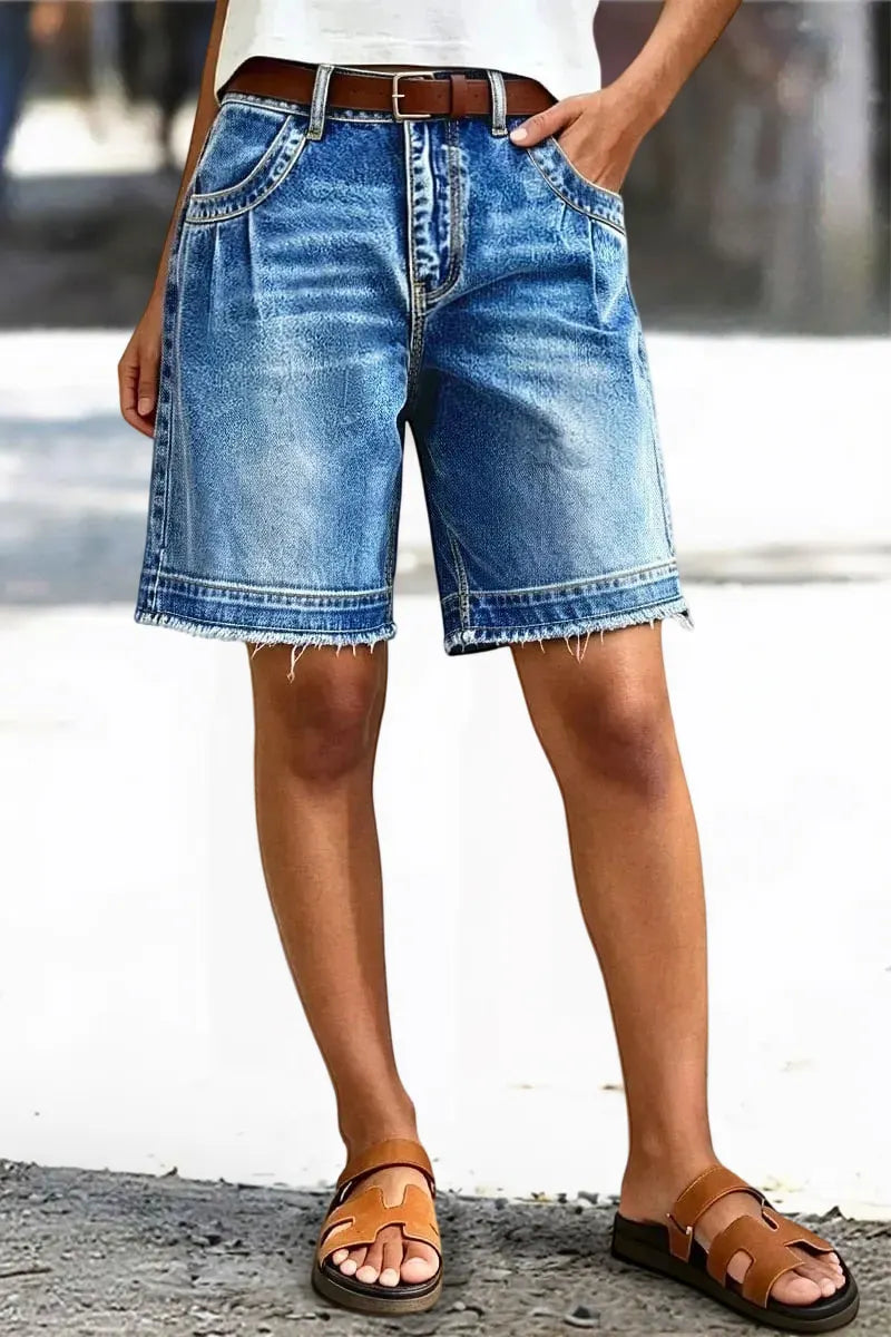 Wash Raw Hem High Waist Denim Bermuda Shorts Without Belt