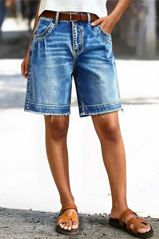 Wash Raw Hem High Waist Denim Bermuda Shorts Without Belt