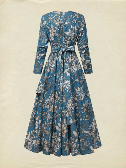 Robe longue en lin, manches longues, col rond, florale, volants, vintage, bleu profond