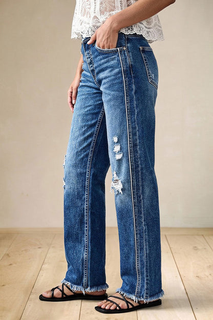 Wash Raw Hem Ripped Mid Waist Straight Leg Jeans