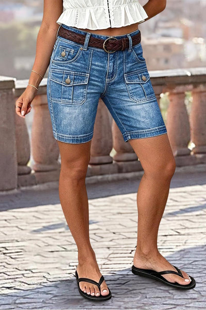 Wash Flap Pocket Mid Rise Mid Thigh Denim Shorts Without Belt