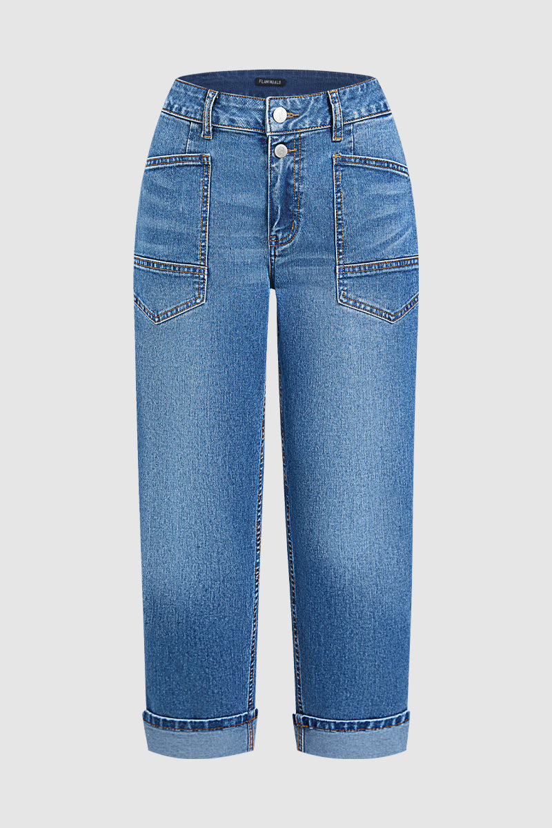 Wash Roll Hem Mid Waist Tapered Crop Jeans Without Belt