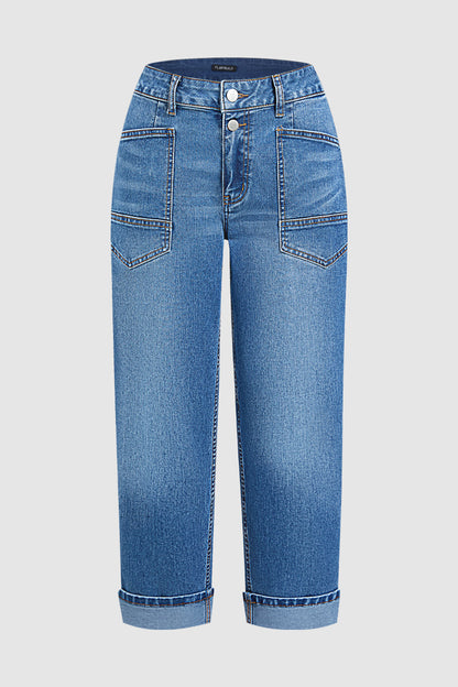 Wash Roll Hem Mid Waist Tapered Crop Jeans Without Belt
