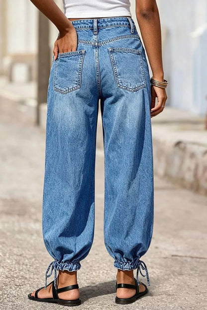 Wash Drawstring Hem Mid Rise Cropped Wide Leg Jeans