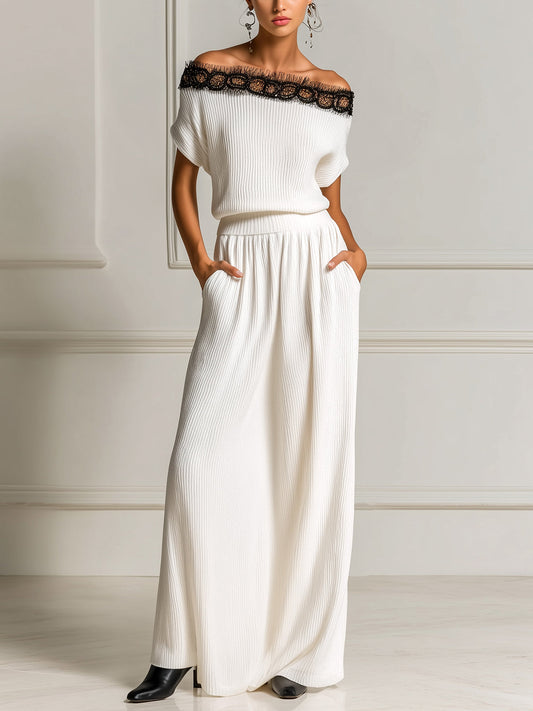 Chic Elegant White Off The Shoulder Contrast Lace Details Loose-Fit Top And Elastic Waist Maxi Skirt Ribbed Knit Two-Piece Set