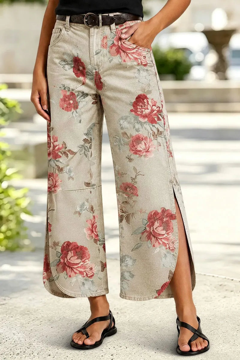 Floral Pattern Split Mid Waist Wide Leg Crop Pants Without Belt