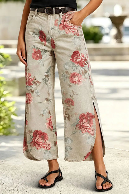 Floral Pattern Split Mid Waist Wide Leg Crop Pants Without Belt