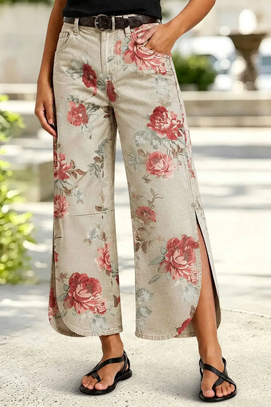Floral Pattern Split Mid Waist Wide Leg Crop Pants Without Belt