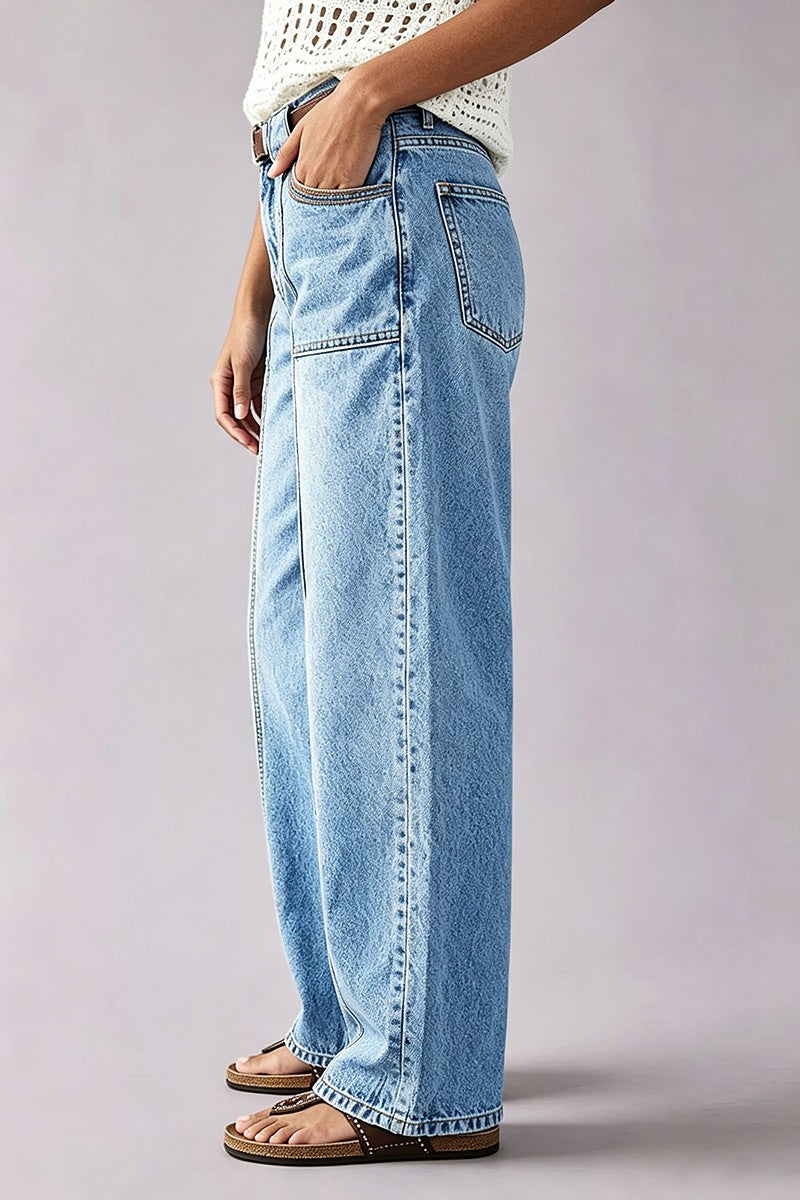 Stitch Detail Mid Waist Wide Leg Jeans Without Belt