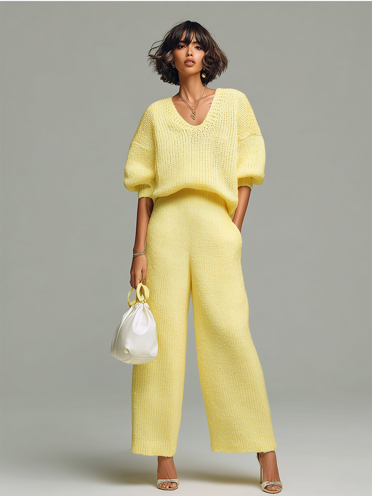 Chic Casual Yellow V-Neck Short-Sleeve Loose-Fit Top Wide-Leg Pants Ribbed Knit Two-Piece Set