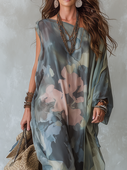 Robe fluide à imprimé abstrait bleu-gris bohème