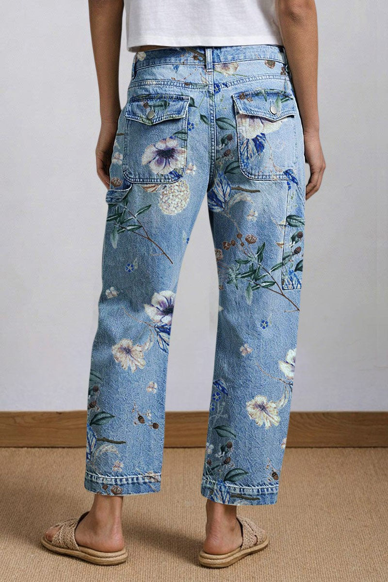 Wash Floral Print Flap Pocket Mid Rise Barrel Leg Crop Jeans