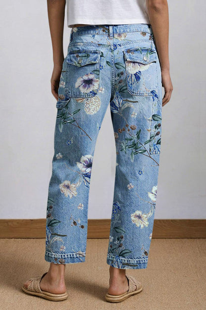 Wash Floral Print Flap Pocket Mid Rise Barrel Leg Crop Jeans