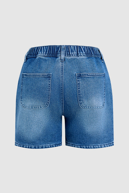 Wash Patch Pocket Split Hem Mid Rise Mid Thigh Denim Shorts