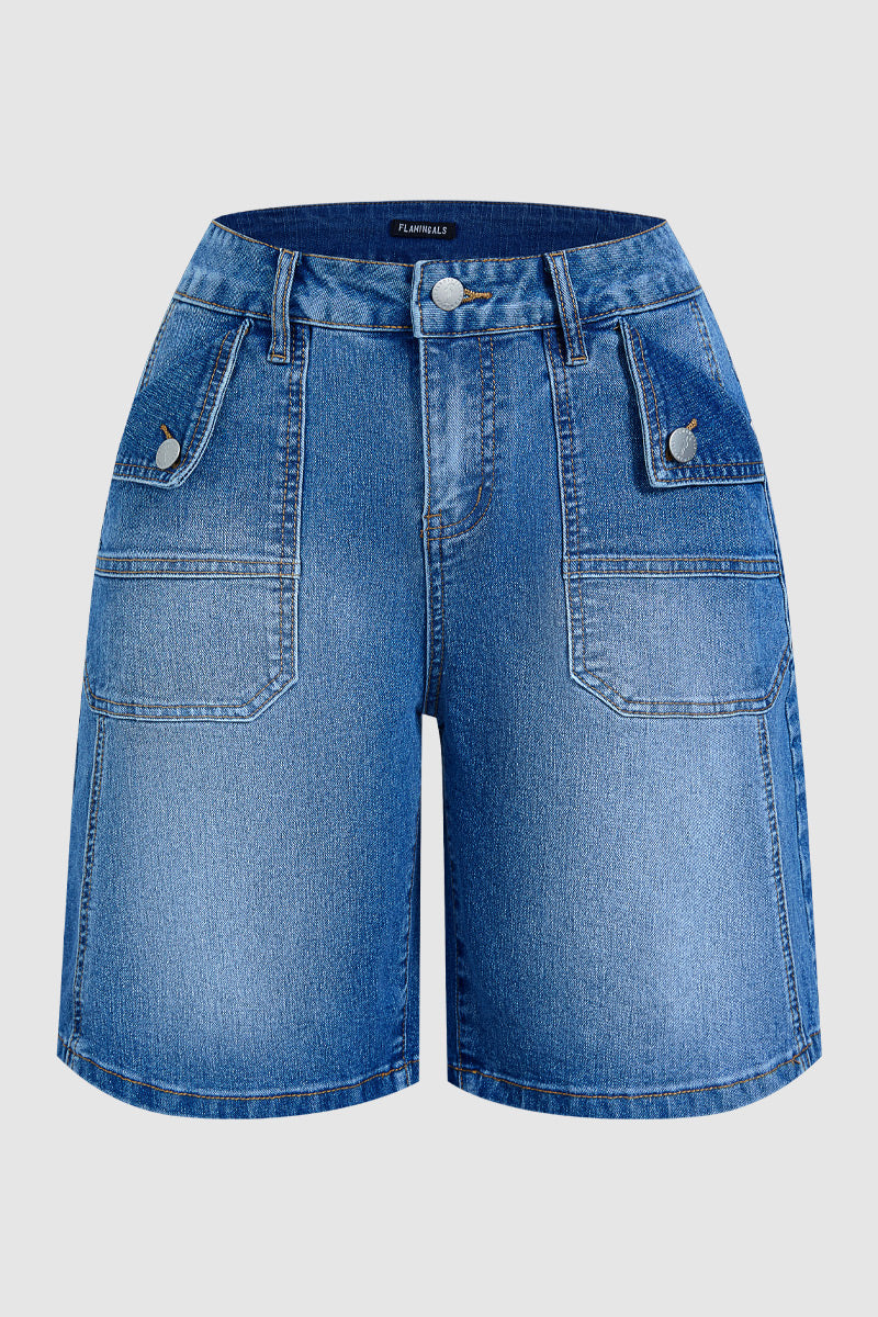 Wash Flap Decor Stitch Detail Mid Waist Denim Bermuda Shorts Without Belt
