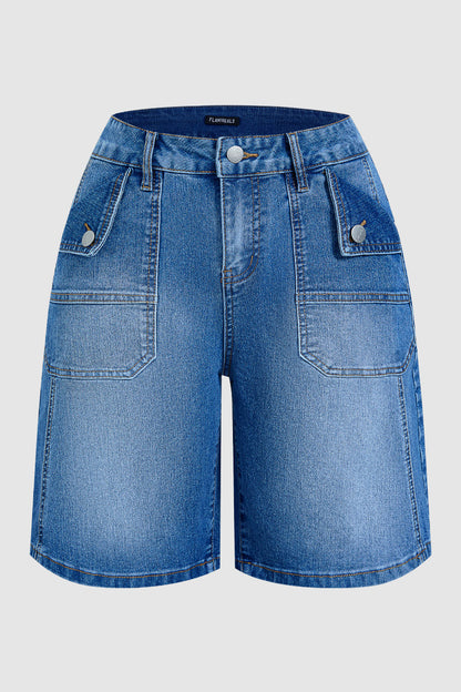 Wash Flap Decor Stitch Detail Mid Waist Denim Bermuda Shorts Without Belt