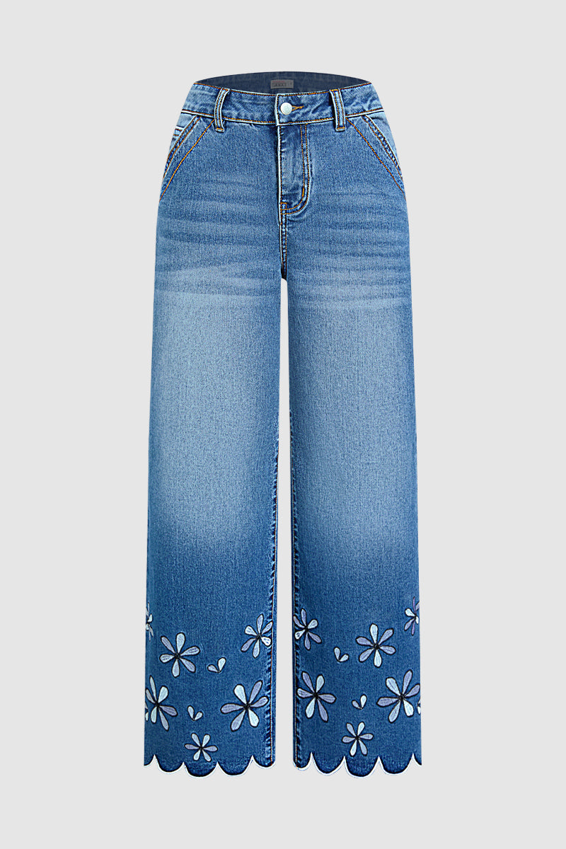 Wash Floral Embroidery Scallop Trim Mid Waist Wide Leg Jeans Without Belt